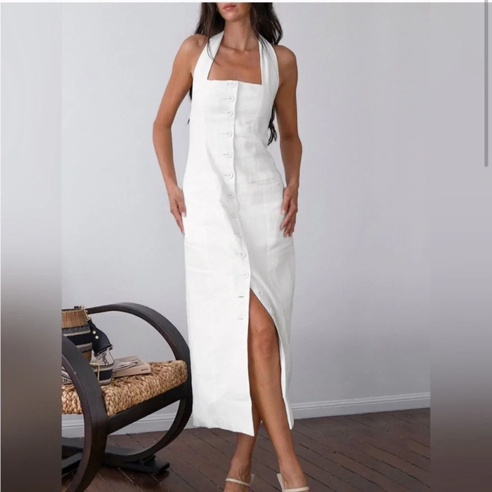 White square neck halter tie neck button front linen midi dress with open back - Picture 3 of 5